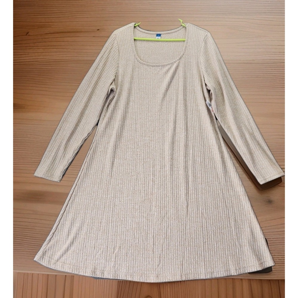 Old Navy Womens Long Sleeve Ribbed Henley T-shirt Dress XL Beige Casual Everyday